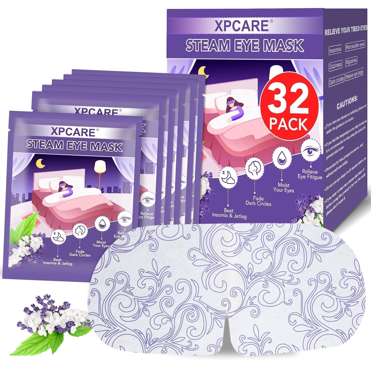 32-Pack Disposable Heated Lavender Steam Eye Masks for Dry Eyes, Dark Circles, Puffy Eyes, Stress Relief."