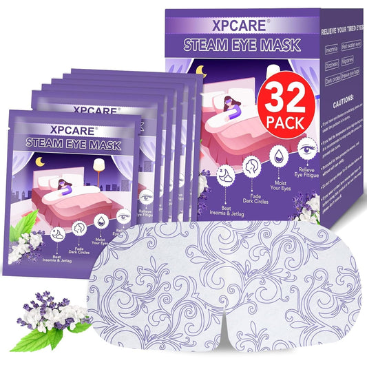 32-Pack Disposable Heated Lavender Steam Eye Masks for Dry Eyes, Dark Circles, Puffy Eyes, Stress Relief."
